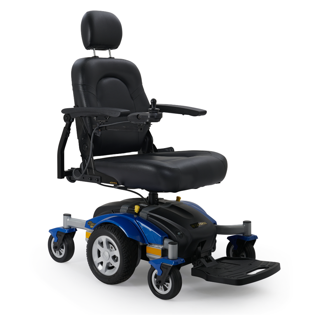 The Golden Tech GP605 Companion Sport Powerchair - Long Range is a black and blue electric wheelchair with a cushioned seat, headrest, armrests, Dynamic LiNX controller on the right armrest, large rear wheels, smaller front wheels, and a footrest for seamless navigation.
